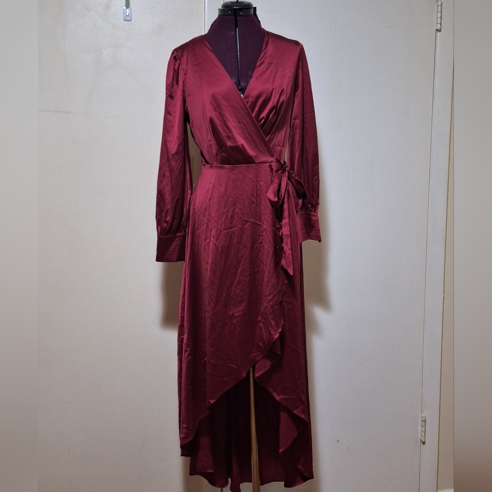 Shein red waist tie, high-low, long sleeve silk dress w/ button cuffs. Sz S
